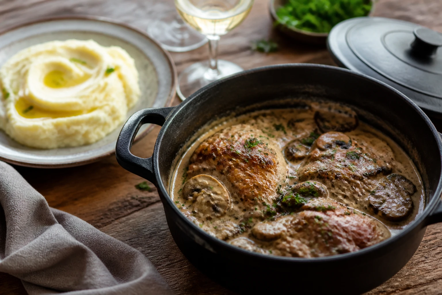 Ris de veau grand-mère mijotés en cocotte avec sauce crémeuse aux champignons et purée maison