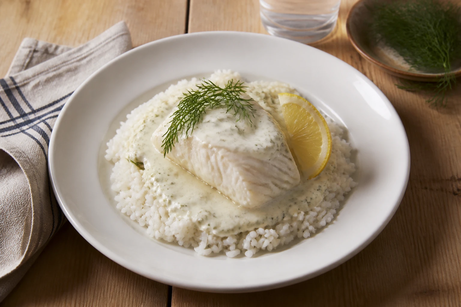 Assiette de riz basmati nappé de sauce blanche crémeuse avec filet de poisson et citron