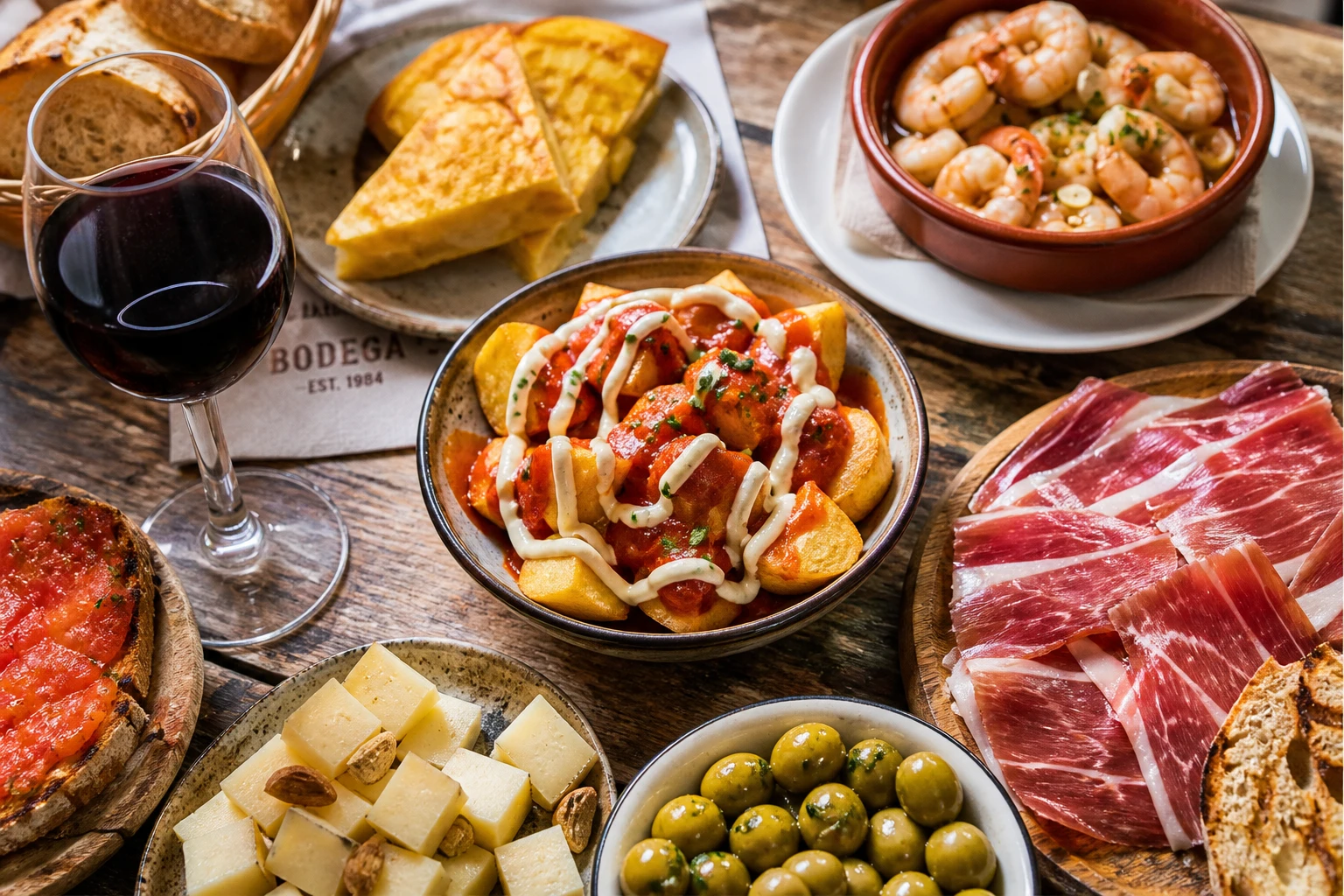 Assortiment de tapas espagnoles sur table en bois avec tortilla, patatas bravas et gambas à l'ail