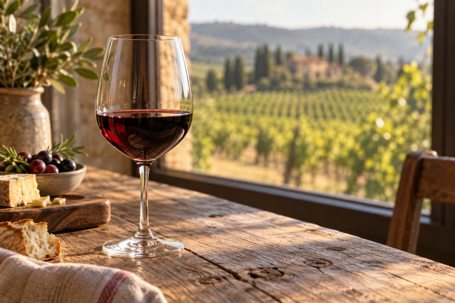 Verre de vin rouge sur une table en bois avec vignoble en arrière-plan