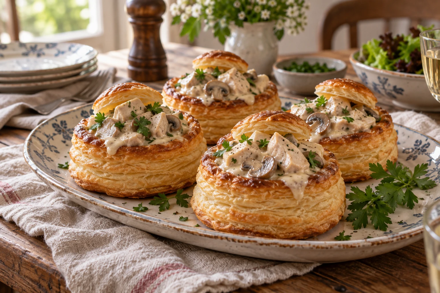 Bouchées à la reine façon grand-mère garnies de sauce crémeuse et champignons sur table en bois