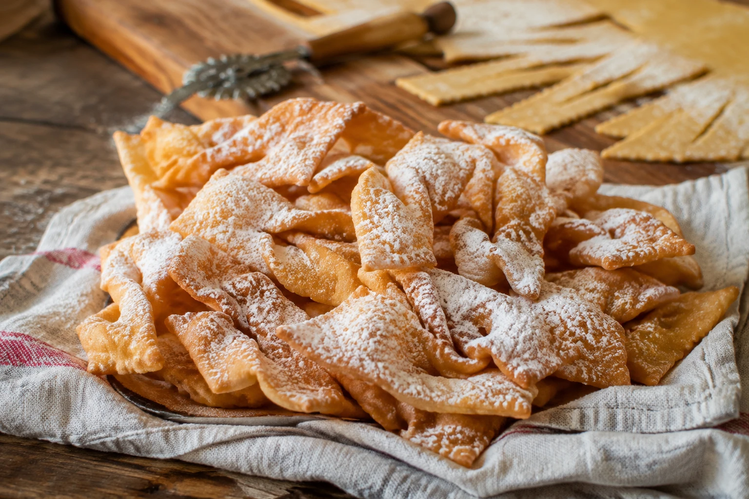 Bugnes dorées et croustillantes saupoudrées de sucre glace sur une table en bois
