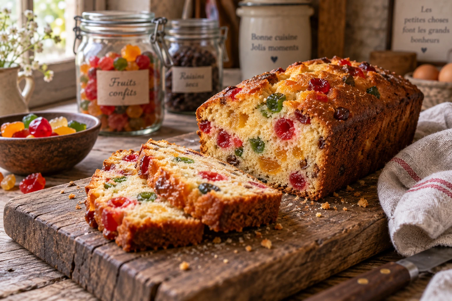 Tranches de cake aux fruits confits fait maison sur une planche en bois avec fruits confits visibles dans la mie