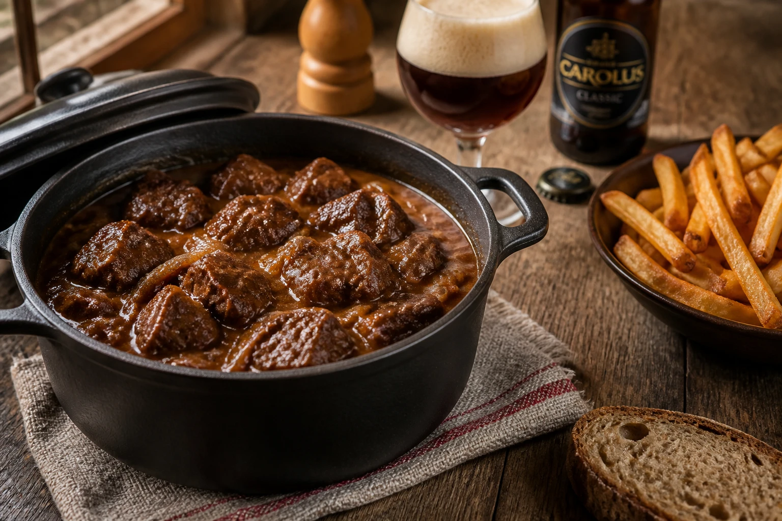 Cocotte en fonte de carbonade à la flamande grand-mère avec sauce brune et frites belges