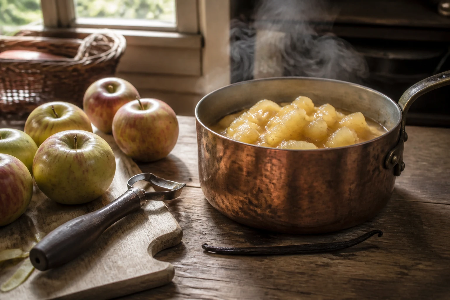 Casserole en cuivre remplie de compote de pommes maison fumante avec pommes Reinette à côté