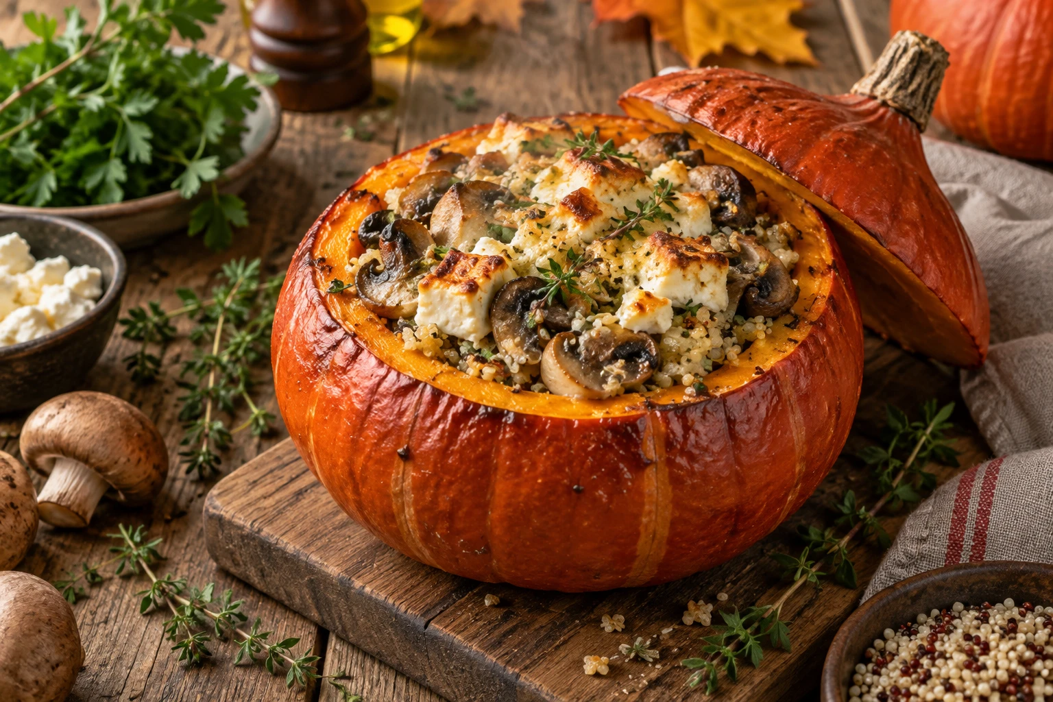 Potimarron farci végétarien gratiné à la feta et aux champignons sur une table en bois
