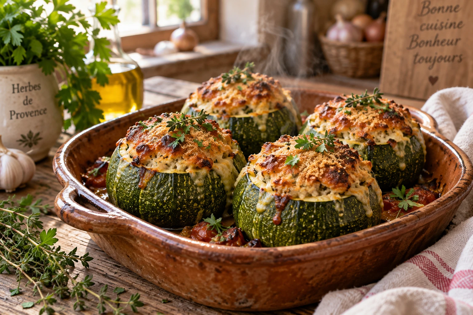 Courgettes farcies dorées façon grand-mère servies dans un plat en terre cuite avec persil frais
