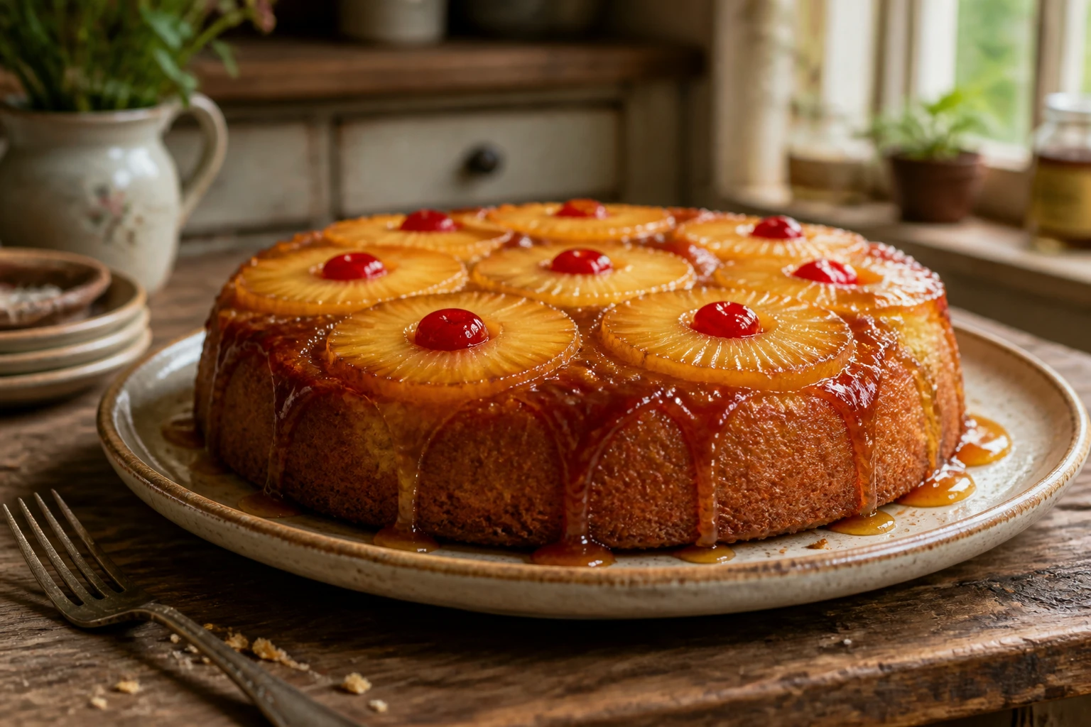Gâteau ananas grand-mère renversé avec caramel doré sur table en bois ancien