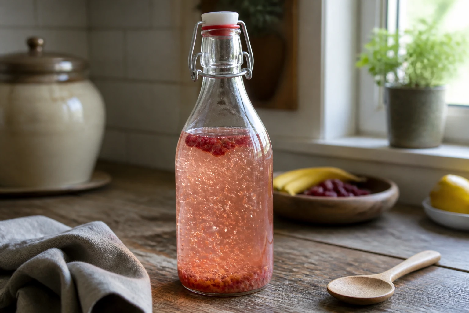 Bouteille en verre de kéfir de fruits maison en fermentation sur un plan de travail en bois