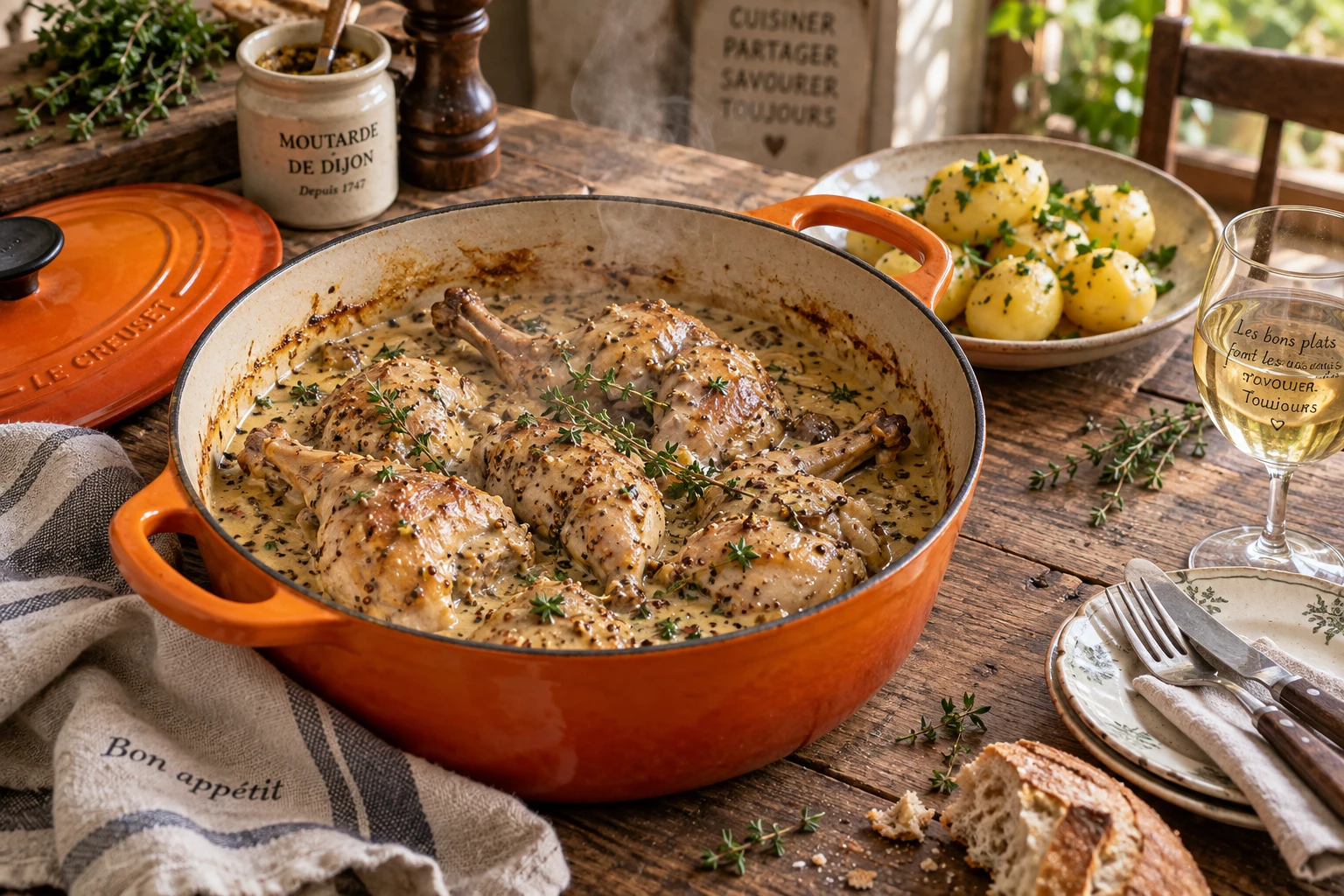 Lapin à la moutarde mijoté en cocotte avec sauce crémeuse et thym frais, servi avec pommes de terre vapeur