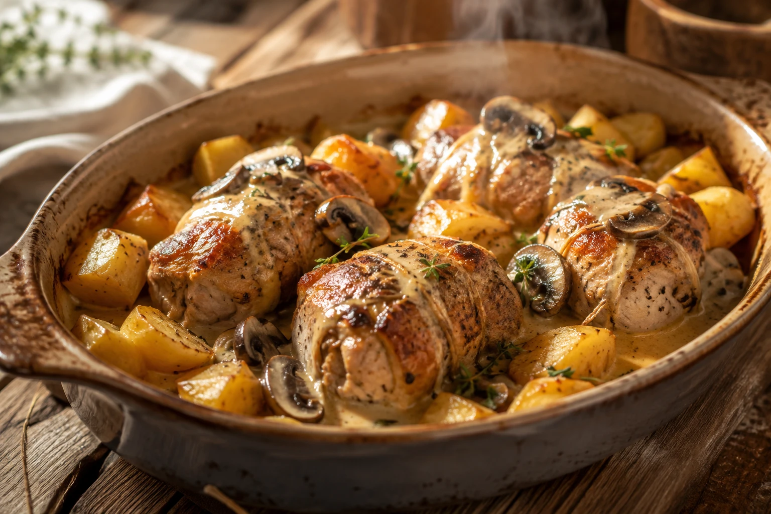 Paupiettes de porc au four nappées de sauce crémeuse aux champignons avec pommes de terre rôties