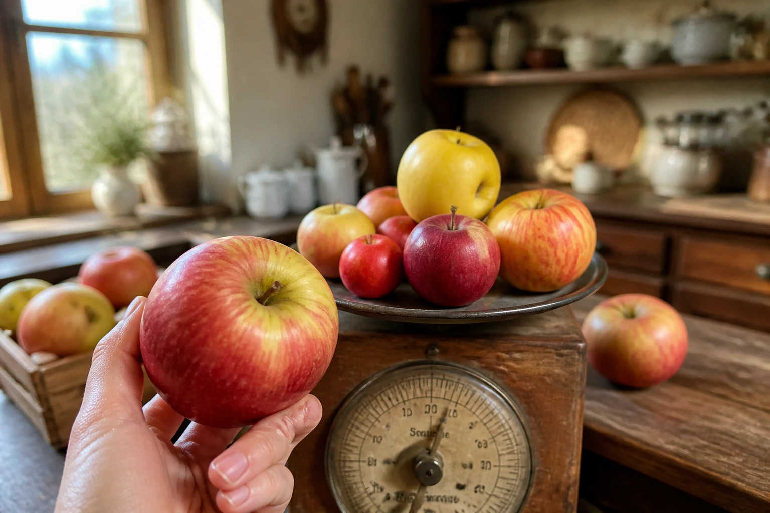 Pommes de différentes tailles pesées sur une balance de cuisine en bois