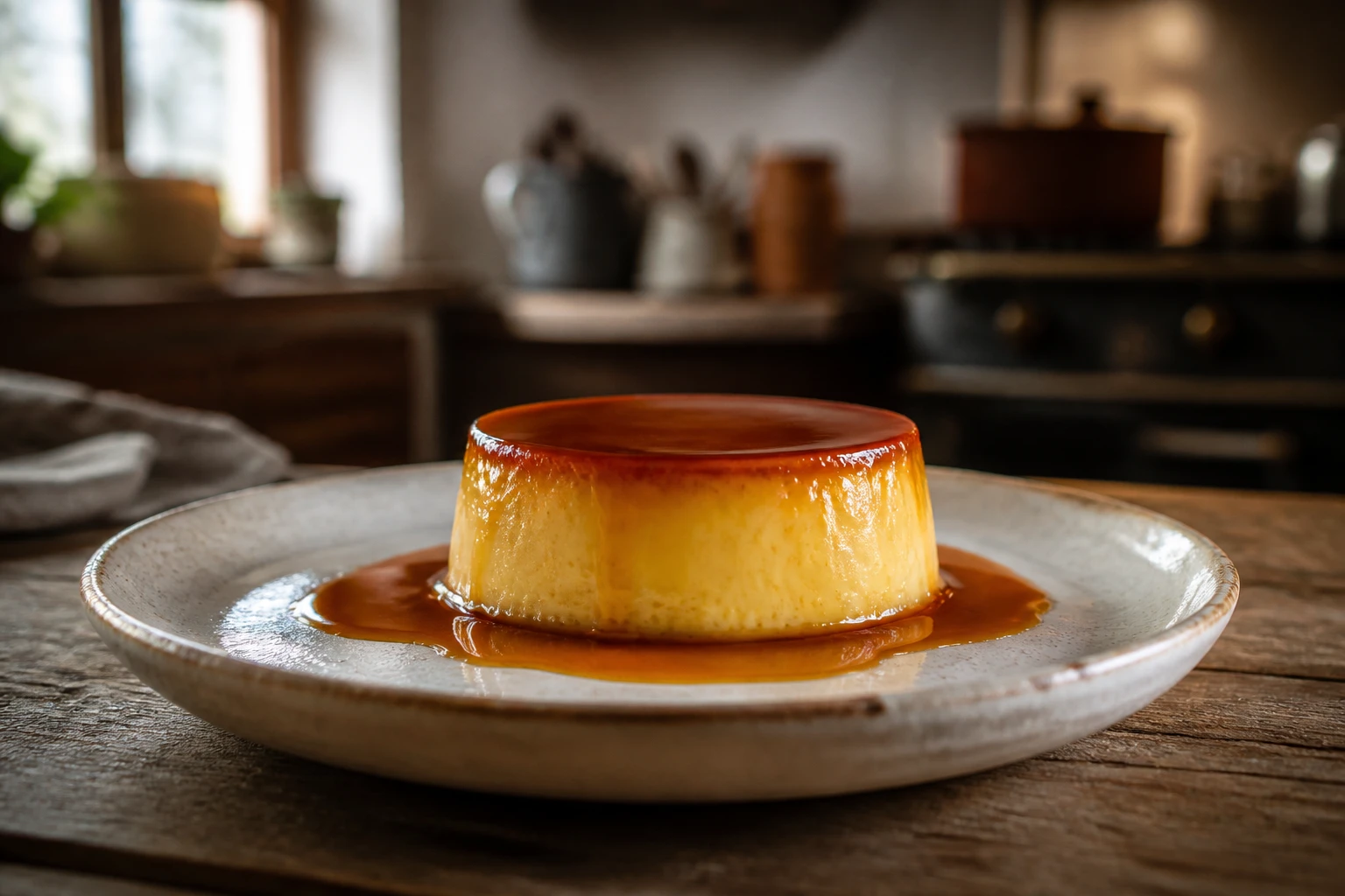 Crème caramel démoulée avec caramel coulant sur une assiette blanche, texture lisse et brillante