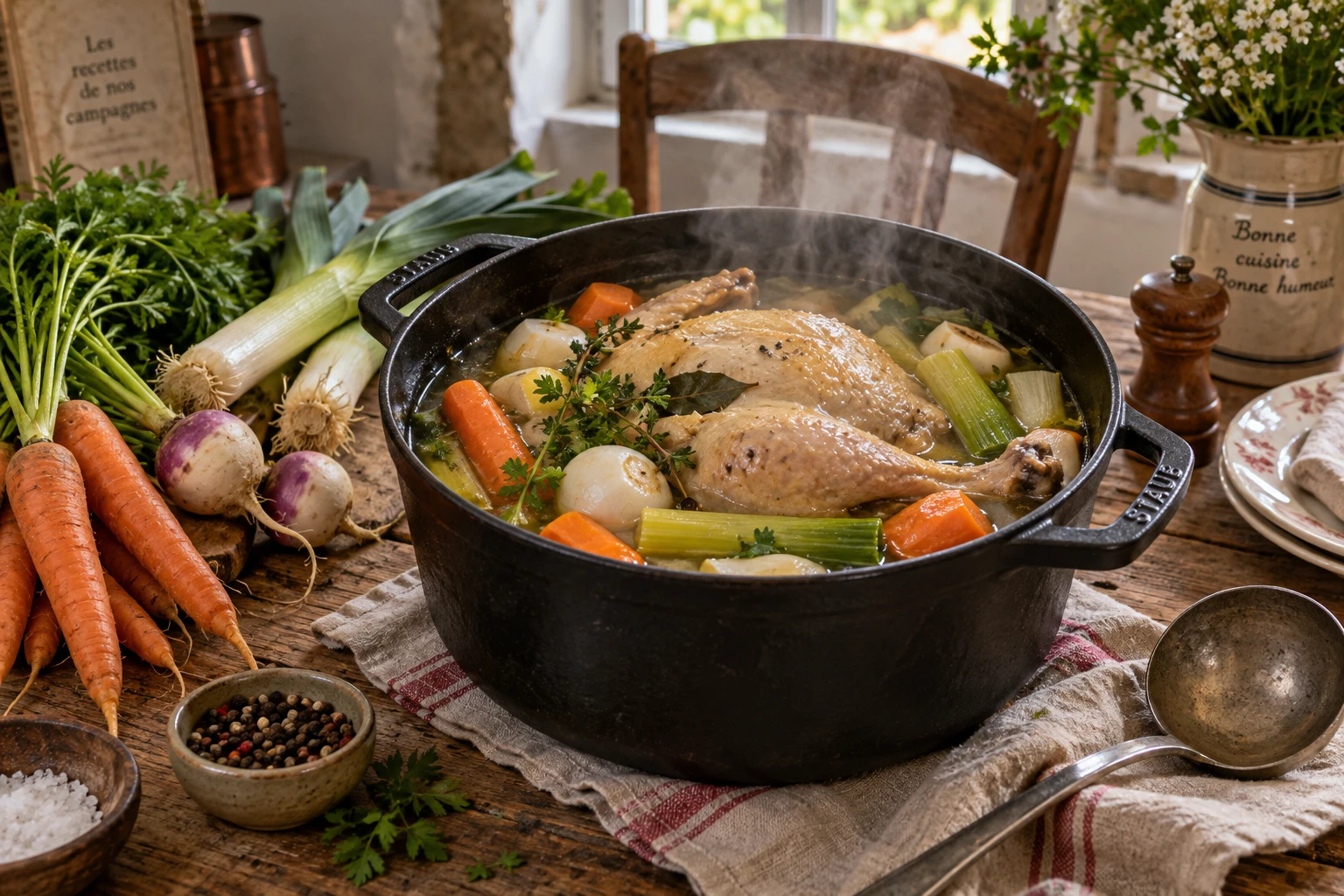 Poule au pot fumante avec carottes, navets et poireaux dans une marmite en fonte sur une table de campagne