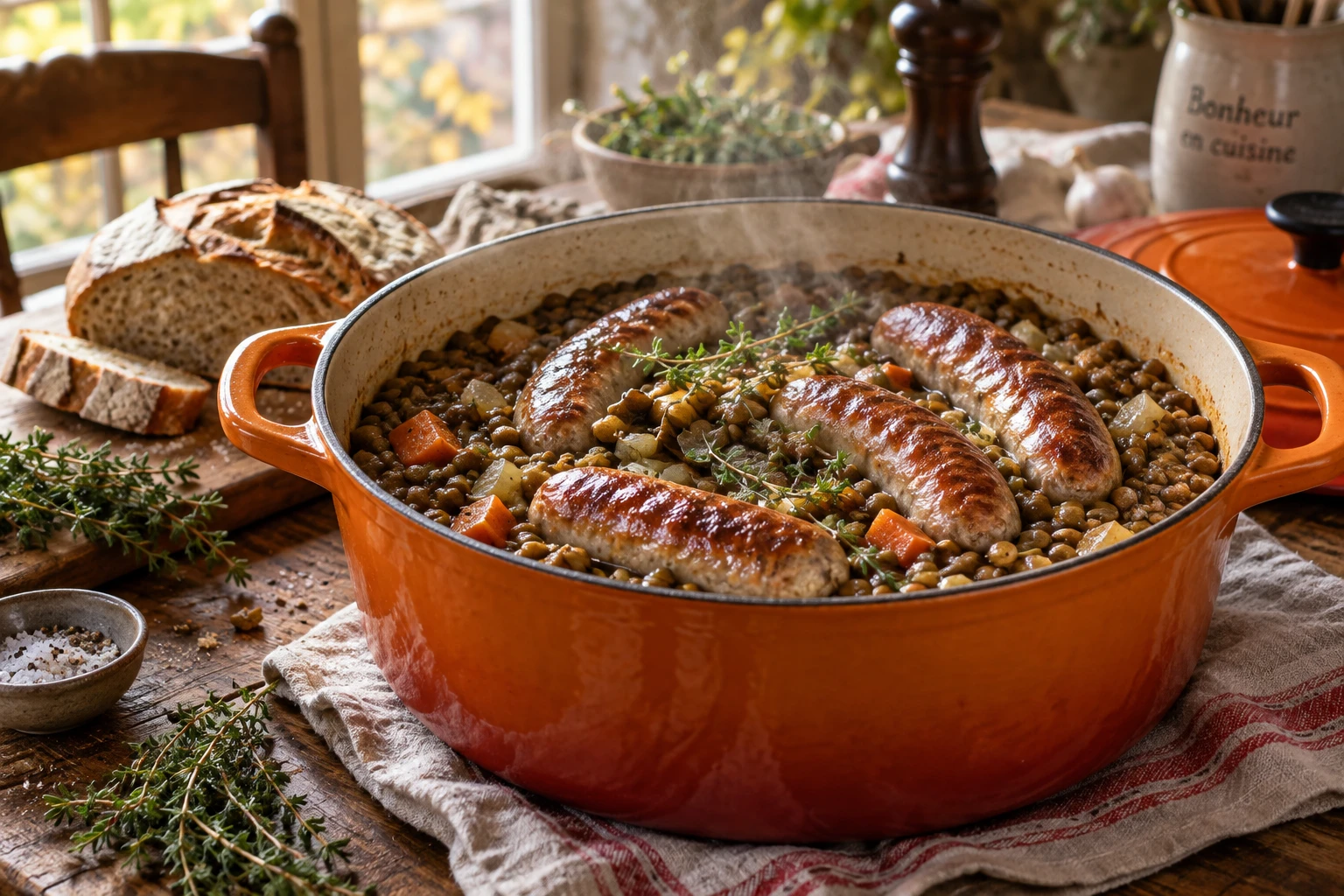 Cocotte en fonte de saucisses aux lentilles vertes mijotées façon grand-mère avec thym et pain de campagne