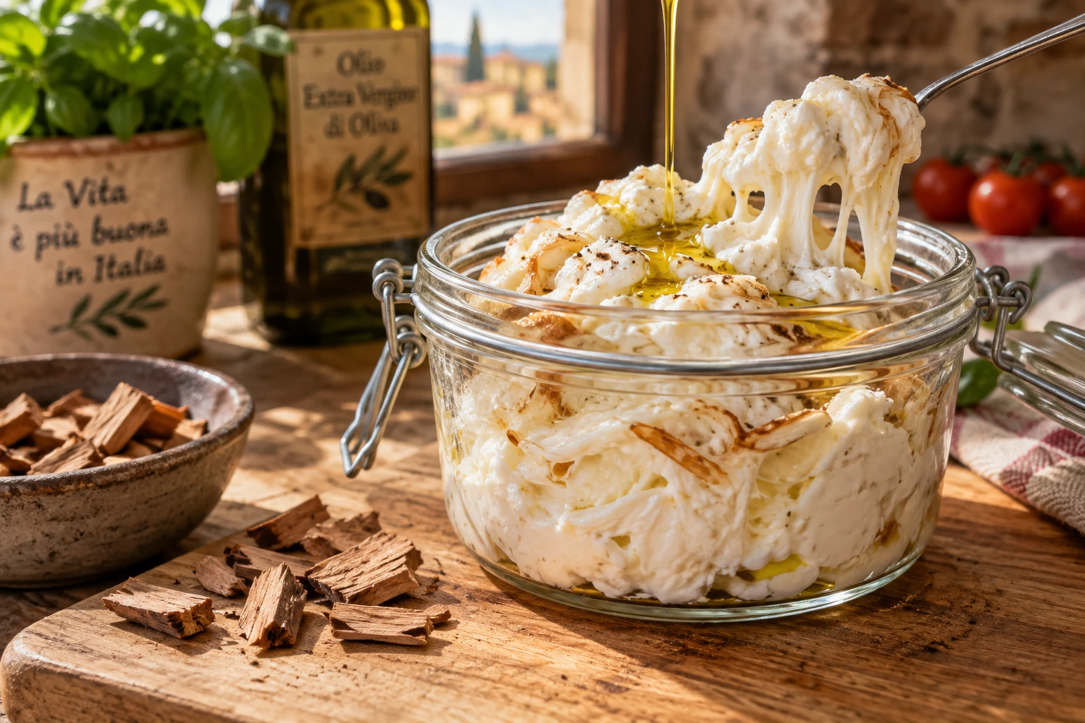 Pot de stracciatella fumée crémeuse avec filet d'huile d'olive sur une planche en bois