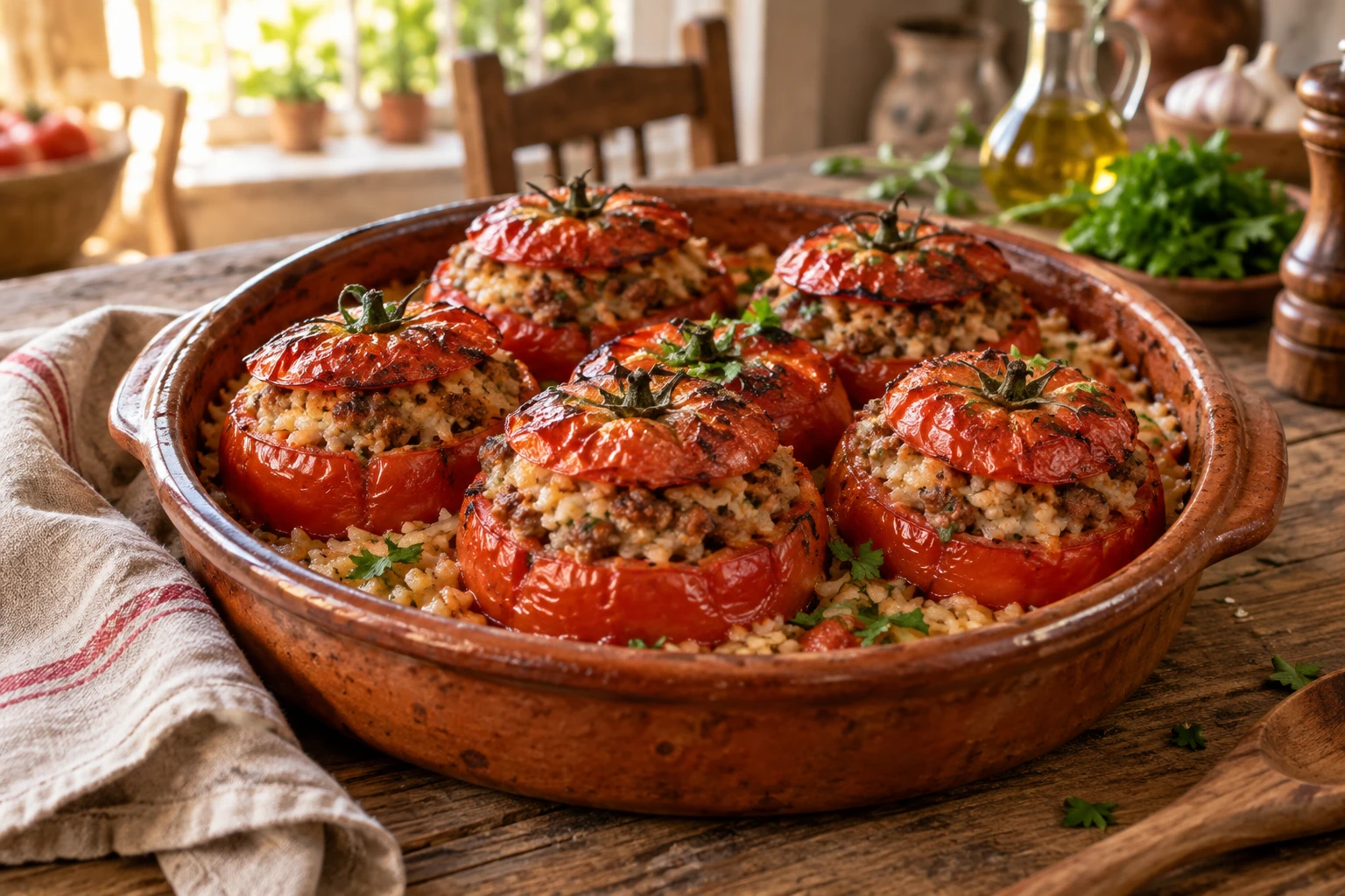 Plat de tomates farcies au riz gratinées dans un plat en terre cuite sur une table en bois