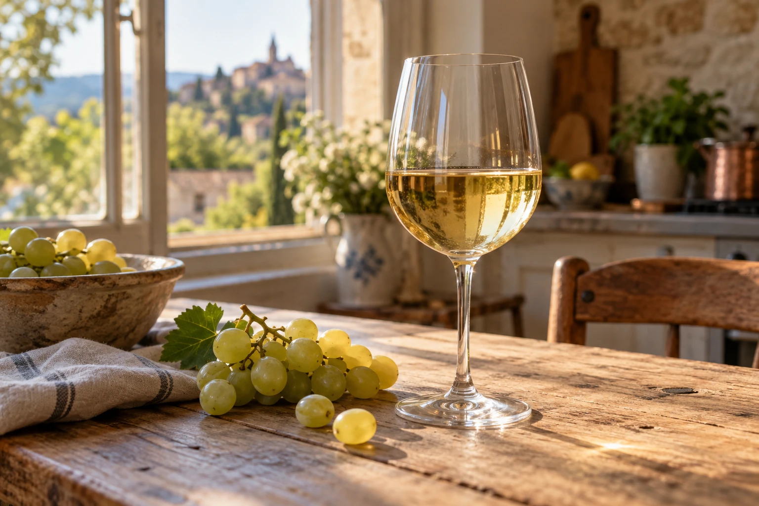 Verre de vin blanc sec à la lumière naturelle avec grappe de raisins blancs sur table en bois