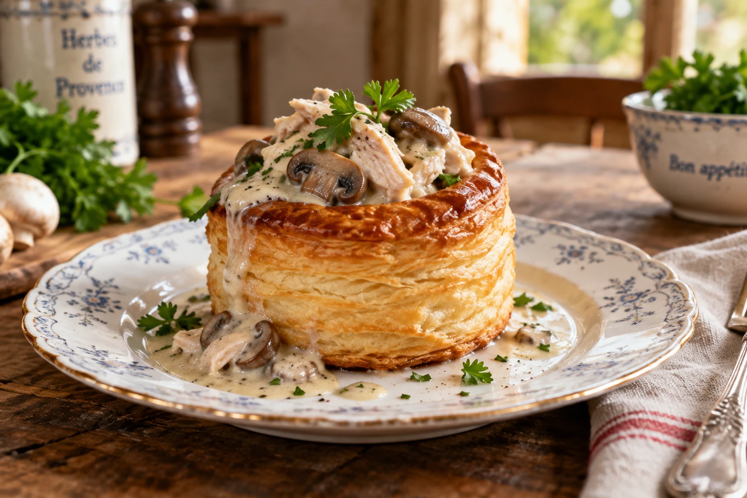 Vol-au-vent doré garni de poulet, champignons et sauce veloutée sur assiette ancienne