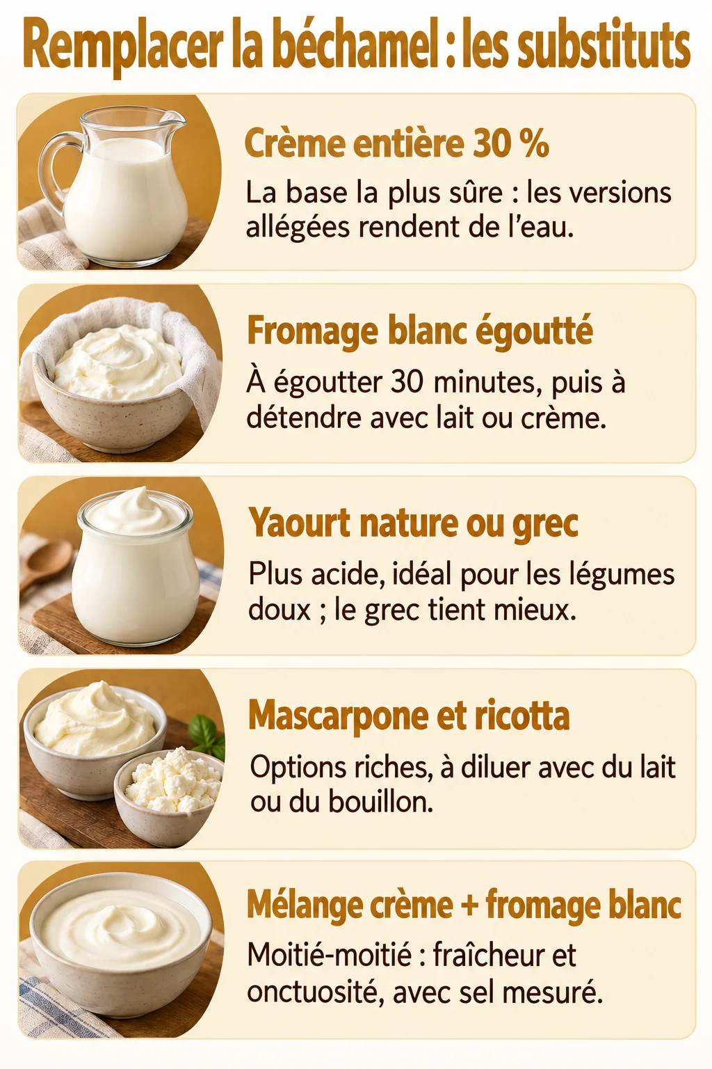 Remplacer la béchamel : les substituts : Crème entière 30 %, Fromage blanc égoutté, Yaourt nature ou grec, Mascarpone et ricotta, Mélange crème + fromage blanc