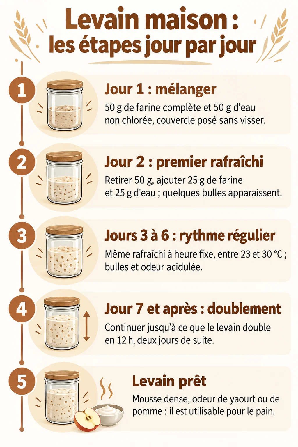 Levain maison : les étapes jour par jour : 1. Jour 1 : mélanger, 2. Jour 2 : premier rafraîchi, 3. Jours 3 à 6 : rythme régulier, 4. Jour 7 et après : doublement, 5. Levain prêt