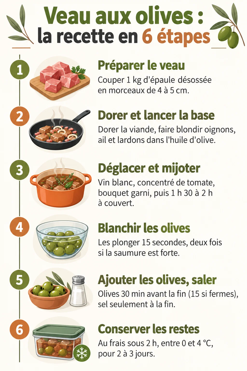 Veau aux olives : la recette en 6 étapes : 1. Préparer le veau, 2. Dorer et lancer la base, 3. Déglacer et mijoter, 4. Blanchir les olives, 5. Ajouter les olives, saler, 6. Conserver les restes